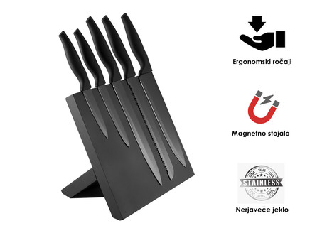 Set vrhunskih kuhinjskih nožev PLATINET PBKSB5W, 5kos, ergonomski ročaj, magnetno stojalo, črne barve