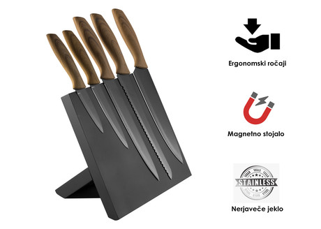 Set vrhunskih kuhinjskih nožev PLATINET PBKSBB5W, 5kos, ergonomski ročaj v imitaciji lesa, magnetno stojalo, črno-rjave barve