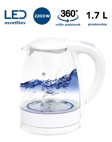 PLATINET PEK760 grelnik vode, 1.7L, 2200W, modra LED osvetlitev, 360° vrtljiv podstavek, bel