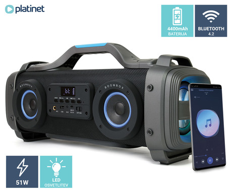 Zvočnik BOOMBOX Platinet PMG78B Bluetooth, odličnih 51W, LED disco osvetlitev, USB/AUX/MIC-IN/Radio FM, vgrajena zmogljiva baterija