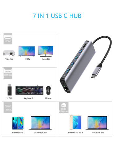 EOL - PLATINET PMMA9857 Multimedijski USB 3.0, Type-C, priključna postaja HUB 7v1, Gigabit Ethernet RJ45, HDMI 4K