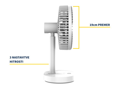 PLATINET 2v1 - namizni ventilator + LED lučka , vgrajena zmogljiva baterija 3000mAh, 3 nastavitve hitrosti, premer 19cm