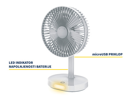 PLATINET 2v1 - namizni ventilator + LED lučka , vgrajena zmogljiva baterija 3000mAh, 3 nastavitve hitrosti, premer 19cm