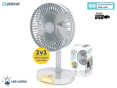 PLATINET 2v1 - namizni ventilator + LED lučka , vgrajena zmogljiva baterija 3000mAh, 3 nastavitve hitrosti, premer 19cm