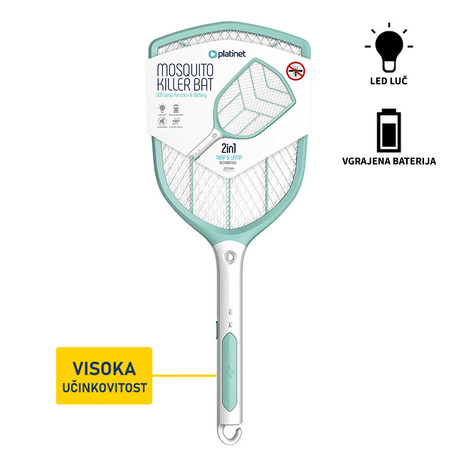 PLATINET PRMB3839 2v1 električni lopar proti mrčesu / insektom, LED svetilka, polnilna baterija, visoka učinkovitost, trpežna izdelava, tiho delovanje, belo-zelen