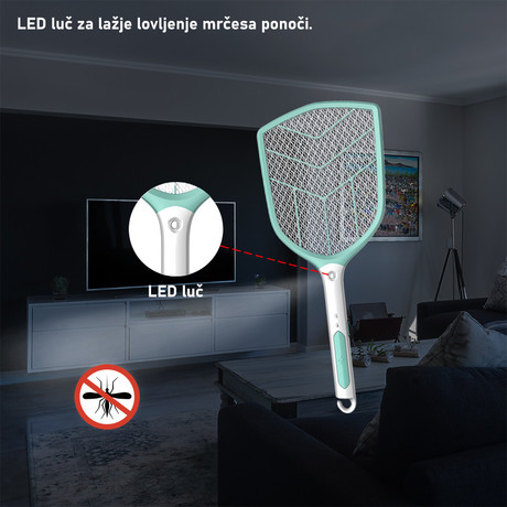 PLATINET PRMB3839 2v1 električni lopar proti mrčesu / insektom, LED svetilka, polnilna baterija, visoka učinkovitost, trpežna izdelava, tiho delovanje, belo-zelen