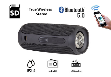 MANTA SPK130GO Bluetooth 5.0 zvočnik + woofer, Bluetooth/USB/MicroSD/Radio FM/AUX-in, 10W, TWS, IPX4, do 5 ur predvajanja, črn