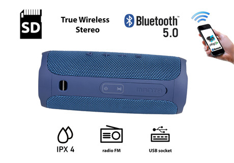 MANTA SPK130GO Bluetooth 5.0 zvočnik + woofer, Bluetooth/USB/MicroSD/Radio FM/AUX-in, 10W, TWS, IPX4, do 5 ur predvajanja, moder