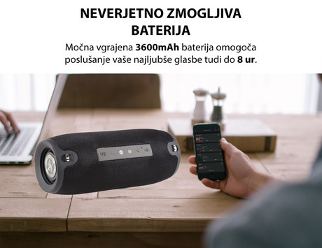 MANTA SPK15GO Bluetooth zvočnik + woofer, BT5.0/USB/MicroSD/Radio FM/AUX-in, 20W, IPX4, do 8 ur predvajanja, črn