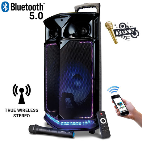EOL - MANTA SPK5003 PRO, Karaoke zvočni sistem, leseno ohišje, prenosni/voziček, vgrajena baterija, BLUETOOTH/USB/MP3/SD/RADIO FM, Disco LED lučke, 5.000W P.M.P.O