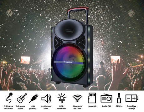 EOL - MANTA SPK5024 KRONOS, Karaoke zvočni sistem, prenosni/voziček, vgrajena baterija, BLUETOOTH/USB/MP3/SD/RADIO FM, Disco LED lučke, 4.000W P.M.P.O