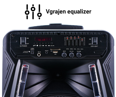 MANTA SPK5033, Karaoke zvočni sistem, prenosni/voziček, vgrajena baterija, Bluetooth 5.0, USB/MP3/SD/RADIO FM, Disco LED lučke, TWS