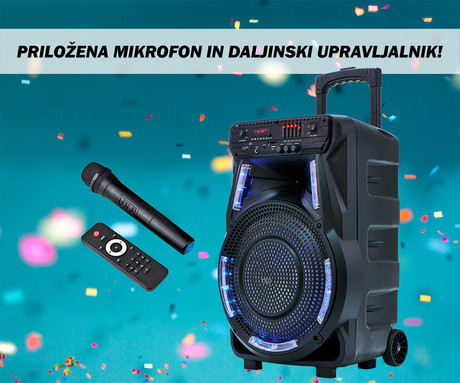 MANTA SPK5033, Karaoke zvočni sistem, prenosni/voziček, vgrajena baterija, Bluetooth 5.0, USB/MP3/SD/RADIO FM, Disco LED lučke, TWS