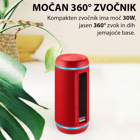 EOL - PROMATE Silox PRO brezžični Bluetooth zvočnik, TWS–True Wireless STEREO, neverjetnih 30W, IPX6 vodoodporen, USB/MicroSD/AUX, mikrofon, do 10ur, 360°, power bank, LED osvetlitev, rdeč