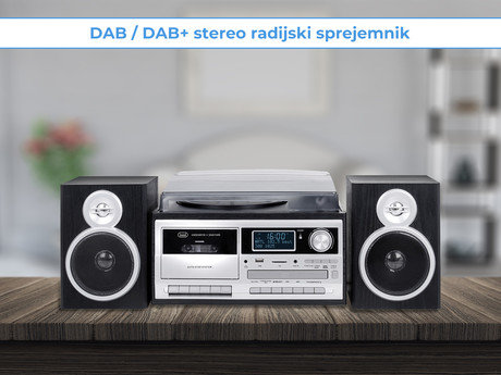 TREVI TT-1072, Glasbeni sistem, FM Radio DAB/DAB+, Gramofon, Kasetofon, BT/CD/MP3/USB/AUX-in, LCD zaslon, črn