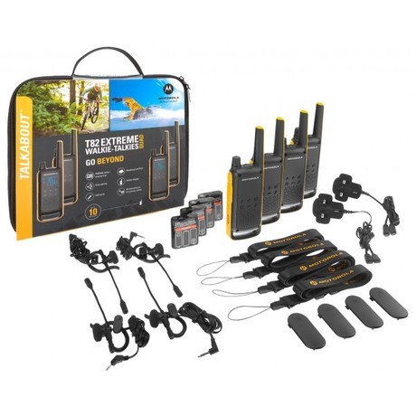 MOTOROLA T82 EXTREME walkie talkie komplet, 4-KIT, PMR446, VOX funkcija, doseg 10km, polnilna baterija, LED svetilka, IPX4 vodoodpornost, +dodatki, črno-rumen