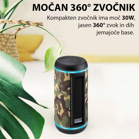 EOL - PROMATE Silox PRO brezžični Bluetooth zvočnik, TWS–True Wireless STEREO, neverjetnih 30W, IPX6 vodoodporen, USB/MicroSD/AUX, mikrofon, do 10ur, 360°, power bank, LED osvetlitev, vojaške barve