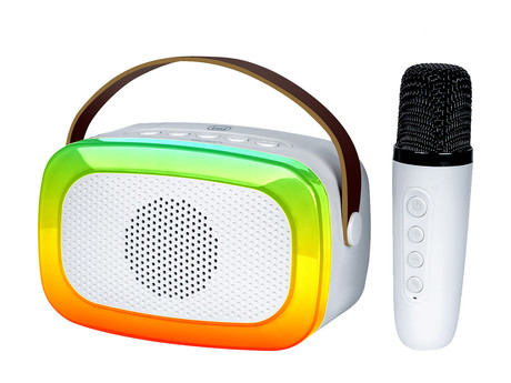 TREVI XR8A01 prenosni KARAOKE zvočnik, Bluetooth, polnilna baterija, USB / microSD / AUX, brezžični mikrofon, RGB LED osvetlitev, bel (Cloud White)