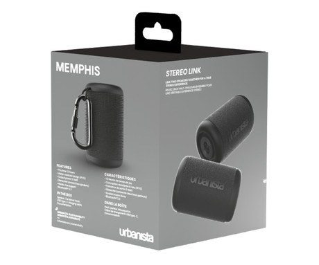 URBANISTA MEMPHIS prenosni zvočnik, 5W, Bluetooth® 5.2, TWS, do 12 ur predvajanja, upravljanje z gumbi, IPX5 vodoodpornost, USB Type-C, črn (Midnight Black)