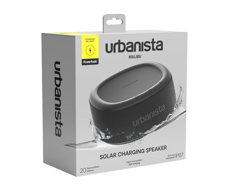 URBANISTA MALIBU prenosni SOLARNI zvočnik, solarno polnjenje, Bluetooth® 5.2, TWS / Stereo Link, polnilna baterija, brezplačna aplikacija, IP67 vodoodpornost, USB Type-C, črn (Midnight Black)