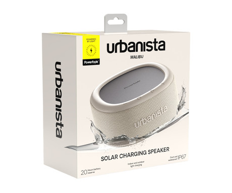 URBANISTA MALIBU prenosni SOLARNI zvočnik, solarno polnjenje, Bluetooth® 5.2, TWS / Stereo Link, polnilna baterija, brezplačna aplikacija, IP67 vodoodpornost, USB Type-C, siv (Desert Gray)