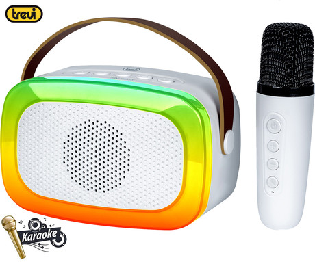 TREVI XR8A01 prenosni KARAOKE zvočnik, Bluetooth, polnilna baterija, USB / microSD / AUX, brezžični mikrofon, RGB LED osvetlitev, bel (Cloud White)