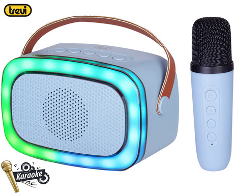 TREVI XR8A01 prenosni KARAOKE zvočnik, Bluetooth, polnilna baterija, USB / microSD / AUX, brezžični mikrofon, RGB LED osvetlitev, moder (Sky Blue)