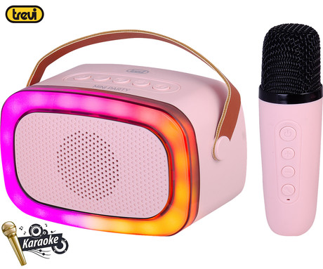 TREVI XR8A01 prenosni KARAOKE zvočnik, Bluetooth, polnilna baterija, USB / microSD / AUX, brezžični mikrofon, RGB LED osvetlitev, roza (Rose Pink)