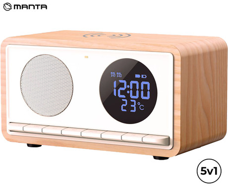 MANTA RDI912 RIMINI radijski sprejemnik / ura / budilka / brezžični polnilec, 5v1, FM Radio, Bluetooth 5.1, polnilna baterija, microSD / AUX / USB Type-C, bel (Arctic White)