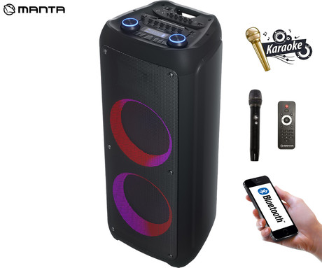 MANTA SPK1202B250 KRIOS prenosni KARAOKE zvočnik, Bluetooth 5.0, TWS, Equalizer, polnilna baterija, Super Bass, USB / microSD / AUX / MIC-in, + mikrofon, + daljinec, črn