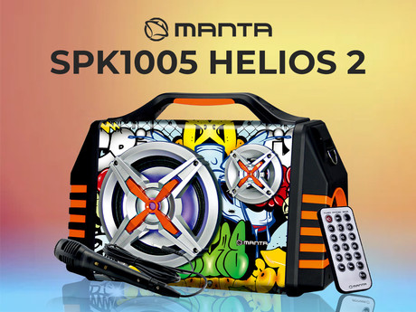 MANTA SPK1005 HELIOS 2 prenosni KARAOKE zvočnik, Bluetooth 5.0, Equalizer, polnilna baterija, RGB LED osvetlitev, FM Radio, USB / microSD / AUX / MIC-in, + pas, + daljinec