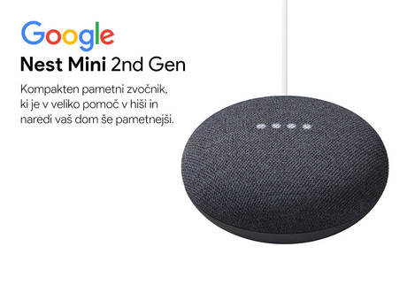 Google Nest Mini 2nd Gen pametni zvočnik, Bluetooth 5.0, WiFi, Google Assistant + Home, glasovni pomočnik, glasovno upravljanje, 3x mikrofon, siv (Charcoal)