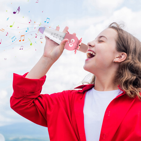 EOL - FOREVER BLOOM AMS-200 mikrofon & zvočnik, KARAOKE, Bluetooth, microSD, AUX, modulacija glasu, funkcija ECHO odmevanja, LED osvetlitev, roza (Pink)