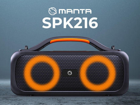 MANTA Boombox SPK216, Bluetooth 5.0, 40W RMS, TWS, polnilna baterija, RGB LED osvetlitev, IPX5 vodoodpornost, USB / AUX, Google Assistant & Siri, črn