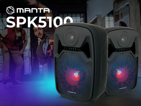 EOL - MANTA SPK5100 karaoke zvočni sistem, 1800W P.M.P.O., Bluetooth 5.0, FM Radio, prenosni, polnilna baterija, USB / AUX-in / MIC-in / microSD, RGB LED osvetlitev, črn