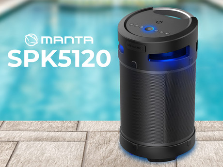 MANTA SPK5120 prenosni KARAOKE zvočnik, Bluetooth 5.0, 100W RMS, STEREO 360°, TWS, polnilna baterija, RGB LED osvetlitev, IPX5 vodoodpornost, FM Radio, USB / AUX / MIC-in, Google Assistant & Siri, črn