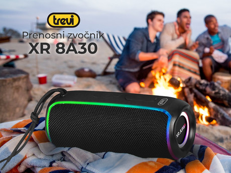 TREVI Bluetooth zvočnik XR JUMP 8A30, 20W RMS, Bluetooth, RGB LED osvetlitev, IPX6 vodoodpornost, funkcija TWS, polnilna baterija, microSD / USB / AUX, mikrofon, USB Type-C, črn