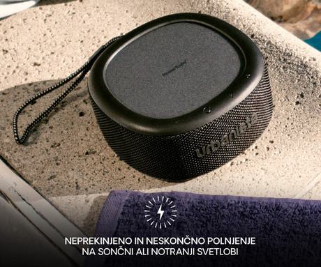 URBANISTA MALIBU prenosni SOLARNI zvočnik, solarno polnjenje, Bluetooth® 5.2, TWS / Stereo Link, polnilna baterija, brezplačna aplikacija, IP67 vodoodpornost, USB Type-C, črn (Midnight Black)