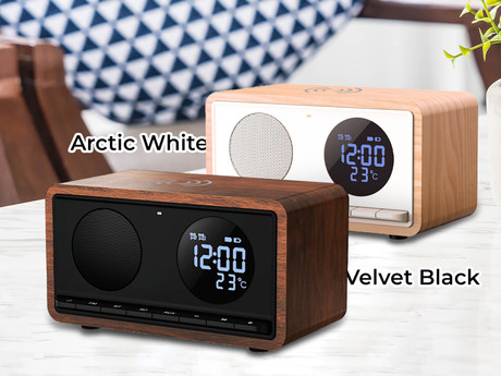 MANTA RDI912 RIMINI radijski sprejemnik / ura / budilka / brezžični polnilec, 5v1, FM Radio, Bluetooth 5.1, polnilna baterija, microSD / AUX / USB Type-C, bel (Arctic White)