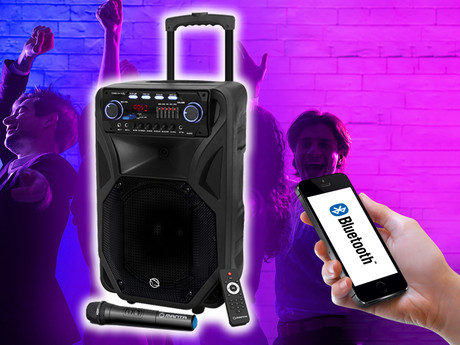 MANTA SPK5021 PRO FONOS prenosni KARAOKE zvočnik, Bluetooth 5.0, 8.000W P.M.P.O., TWS, Equalizer, polnilna baterija, FM Radio, USB / microSD / AUX / MIC-in, črn