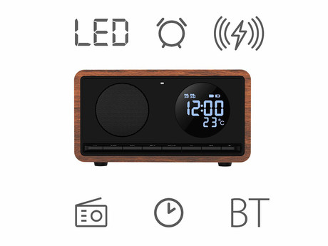 MANTA RDI912 RIMINI radijski sprejemnik / ura / budilka / brezžični polnilec, 5v1, FM Radio, Bluetooth 5.1, polnilna baterija, microSD / AUX / USB Type-C, črn (Velvet Black)