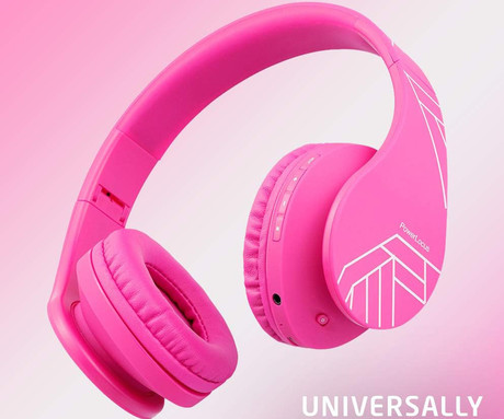 PowerLocus P2 KIDS brezžične naglavne slušalke, otroške, Bluetooth, polnilna baterija, do 15 ur, LED osvetlitev, zložljive, USB Type-C, AUX, +torbica, roza