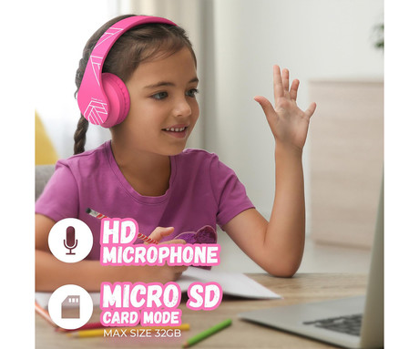 PowerLocus P2 KIDS brezžične naglavne slušalke, otroške, Bluetooth, polnilna baterija, do 15 ur, LED osvetlitev, zložljive, USB Type-C, AUX, +torbica, roza