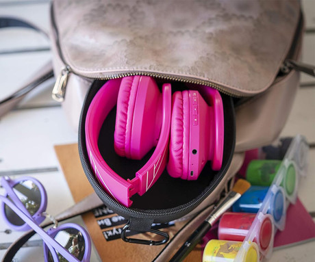 PowerLocus P2 KIDS brezžične naglavne slušalke, otroške, Bluetooth, polnilna baterija, do 15 ur, LED osvetlitev, zložljive, USB Type-C, AUX, +torbica, roza