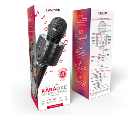 FOREVER BMS-300 LITE mikrofon & zvočnik, KARAOKE, Bluetooth, microSD, AUX, modulacija glasu, polnilna baterija, črn (Carbon Black)