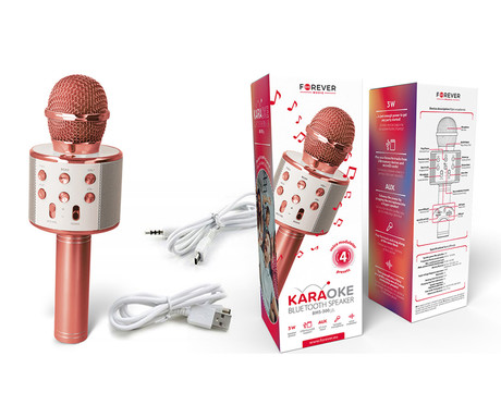 FOREVER BMS-300 LITE mikrofon & zvočnik, KARAOKE, Bluetooth, microSD, AUX, modulacija glasu, polnilna baterija, roza zlat (Rose Gold)