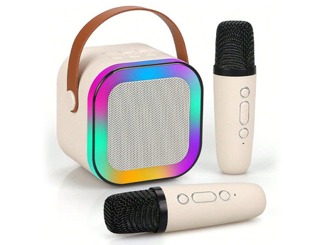 BLOW KIDS KARAOKE komplet, brezžični zvočnik + 2x brezžični mikrofon, Bluetooth 5.3, polnilna baterija, USB / microSD / AUX, RGB LED osvetlitev, ročaj, bež (Cream Beige)