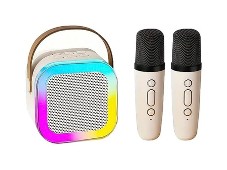 BLOW KIDS KARAOKE komplet, brezžični zvočnik + 2x brezžični mikrofon, Bluetooth 5.3, polnilna baterija, USB / microSD / AUX, RGB LED osvetlitev, ročaj, bež (Cream Beige)