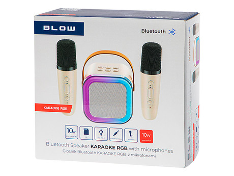 BLOW KIDS KARAOKE komplet, brezžični zvočnik + 2x brezžični mikrofon, Bluetooth 5.3, polnilna baterija, USB / microSD / AUX, RGB LED osvetlitev, ročaj, bež (Cream Beige)