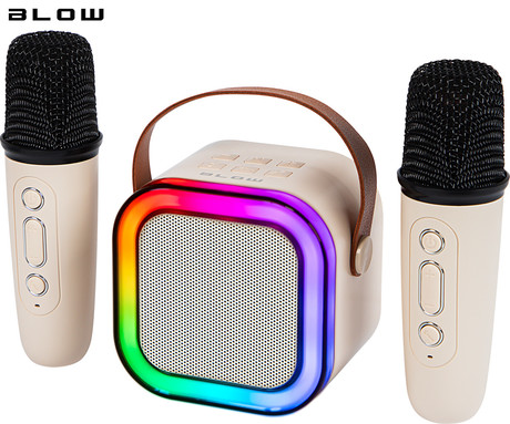 BLOW KIDS KARAOKE komplet, brezžični zvočnik + 2x brezžični mikrofon, Bluetooth 5.3, polnilna baterija, USB / microSD / AUX, RGB LED osvetlitev, ročaj, bež (Cream Beige)